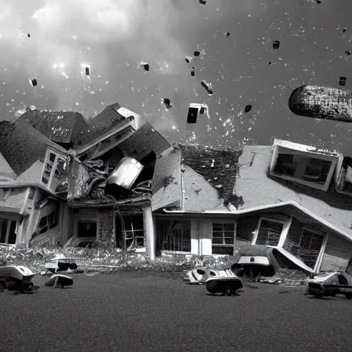 Prompt: a black and white photograph of an unidentified flying object crashing into a neighborhood, little green aliens laying on the ground by alien wreckage, 1 9 8 2 style houses and cars, octane render, hyper realistic - h 1 0 8 8