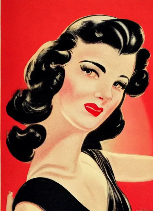 Image similar to portraitbeautiful and glamorous black-haired woman, smooth hair, arab, 1940s propaganda poster, full hd,highly detailed