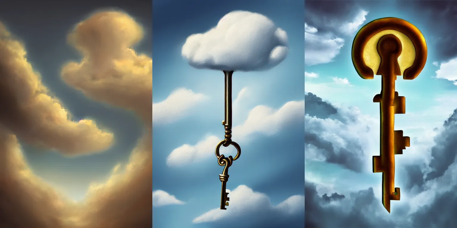 Prompt: Clouds in the shape of a key. Fantasy, digital painting, HD, 4k, artwork.