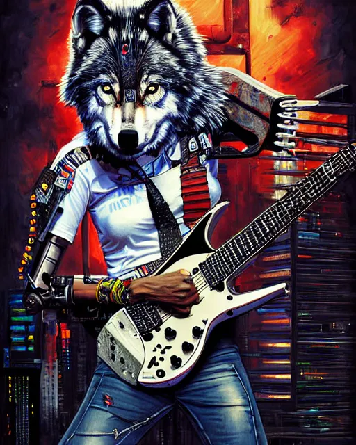 Image similar to a portrait of an anthropomorphic cyberpunk wolf shredding an electric guitar by sandra chevrier, by jon foster, detailed render, tape deck, epic composition, cybernetics, 4 k realistic, cryengine, realistic shaded lighting, sharp focus, masterpiece, by enki bilal