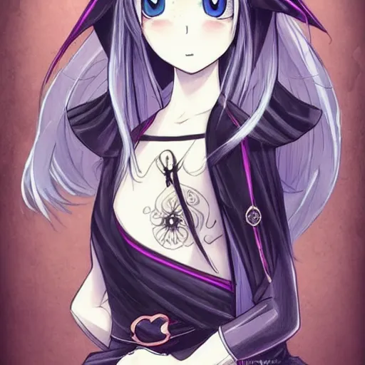 Image similar to beautiful female wizard, blue eyes, black clothing, daughter of death, cute, japanese style anime, intricate