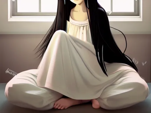 Image similar to animated little girl with an long black hair dressed in a simple white dress sitting in bed, anime art style, digital art ilya kuvshinov, inspired by balthus, hd, 4 k, hyper detailed, dark, anatomically correct, angelic face, perfect composition