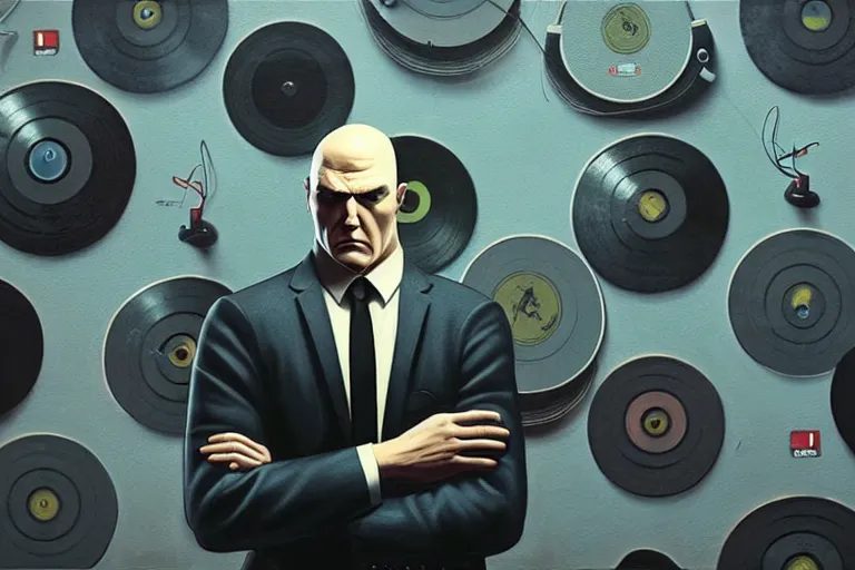 Image similar to an expressive portrait of agent 4 7 from hitman wearing headphones in front of a wall of vinyl records, dark background, blue rim light, digital art, artstation, art by giger stalenhag