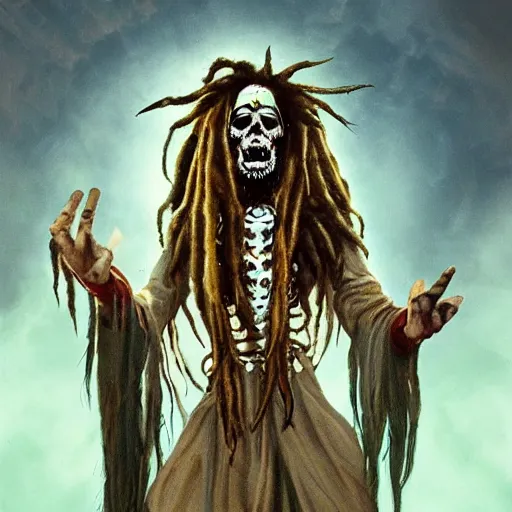 Image similar to a horror shaman with dreadlocks in sacrament of death