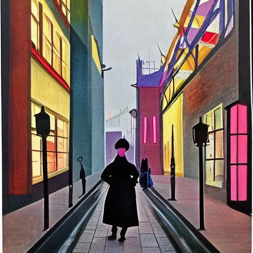 Prompt: colourful. woman walking through the city at night. hyper detailed. socialist realism. beautiful and eerie. london 1 9 6 0 s