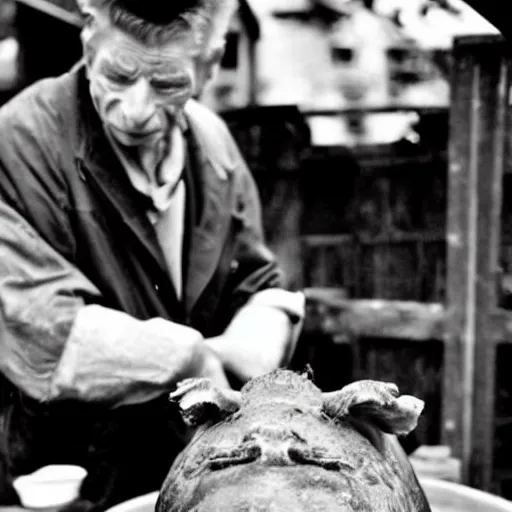 Prompt: roasting pig on a spit with samuel beckett's face