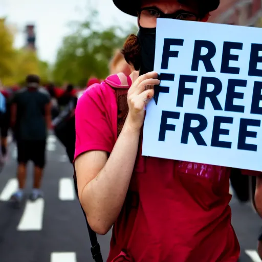 Prompt: protester holding a sign that says free hat