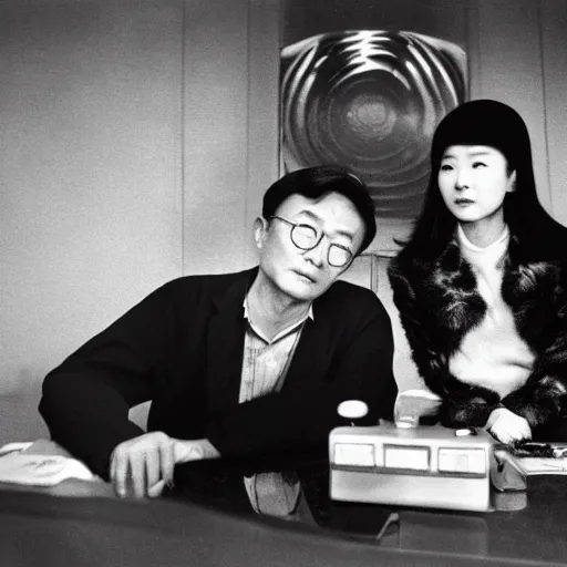 Image similar to 1960s press archive of the actress Choi Eun-Hee and director Shin Sang-ok, Reuters, 35mm film, film grain, mysterious exterior, flash and flare, underexposed