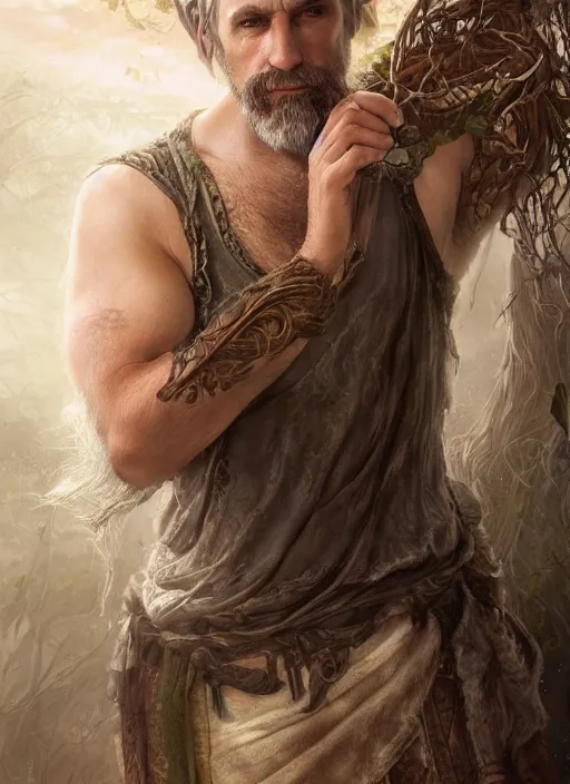 Image similar to a relaxed male middle aged druid in a sleeveless west, short brown hair, stringy, full body, 8 k, hyperrealistic, hyperdetailed, fantasy portrait by laura sava