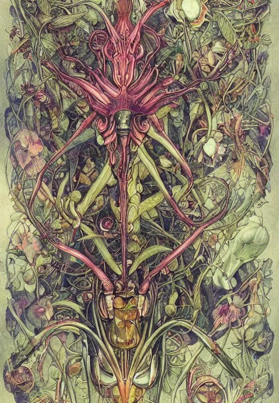 Image similar to simplicity, simple, elegant, colorful muscular robot, botany, orchids, radiating, mandala, psychedelic, garden environment, dappled sun, wolf skulls, by h. r. giger and esao andrews and maria sibylla merian eugene delacroix, gustave dore, thomas moran, pop art, biomechanical xenomorph, art nouveau, cheerful