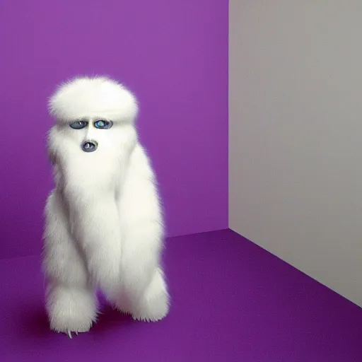 Prompt: a photo of a white fur monster standing in a purple room,