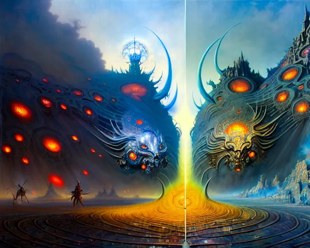 Image similar to street view of the battle of good and evil, fantasy landscape made of fractals facing each other, ultra realistic, wide angle, intricate details, the fifth element artifacts, highly detailed by peter mohrbacher, hajime sorayama, wayne barlowe, boris vallejo, aaron horkey, gaston bussiere, craig mullins