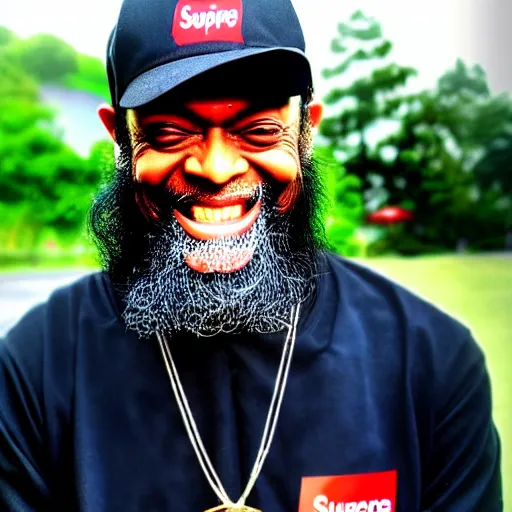 Image similar to osho wearing a supreme cap and smiling with grillz