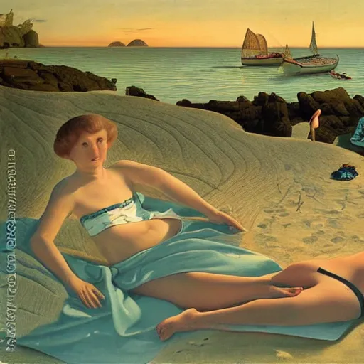 Prompt: dreamy beach scene on a hot summer evening, by carel willink