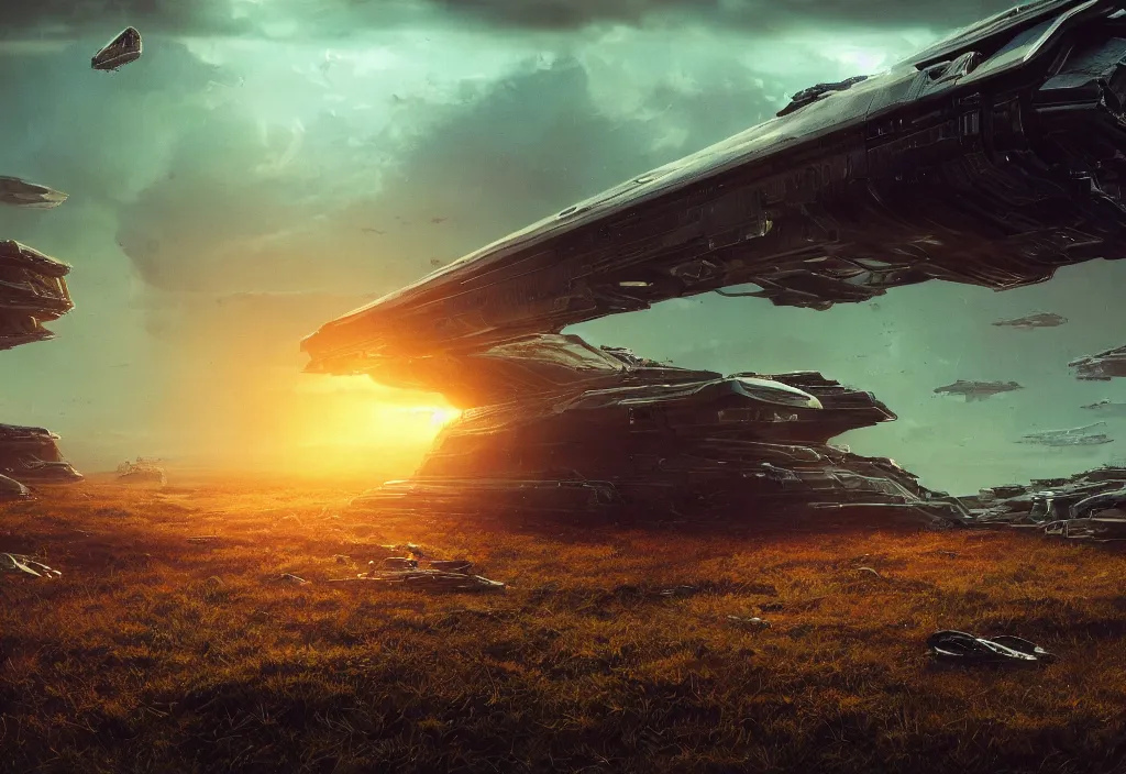 Prompt: neil blomkamp film landscape with itle detailed objects on ground spaceships, trending on artstation, hyper realistic, cinematic, cinematic composition, perfect composition, golden ratio, realistic grass, realistic crash space ship in fire, realistic sky, physical correct realistic light shadow, photorealistic, color harmony balance, extremly realistic objects, light, highly detailed, digital painting