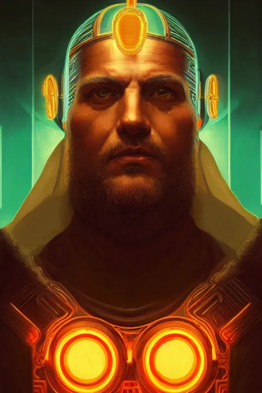 Image similar to ancient rome emperor in cyberpunk style, neon glow, realistic portrait, symmetrical, highly detailed, digital painting, artstation, concept art, smooth, sharp focus, illustration, cinematic lighting, art by artgerm and greg rutkowski and alphonse mucha