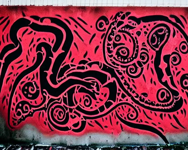 Image similar to a wall that has some lovecraftian graffiti on it inspired by wretched dragon rib cage. red and black colors.