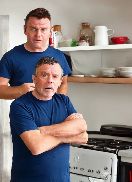 Prompt: an english irish middle aged gentleman with brown moptop hair and red cheeks is in his kitchen. he is clean shaven. he is wearing a dark blue tshirt and shorts. he holds his arms out like chicken wings and dances