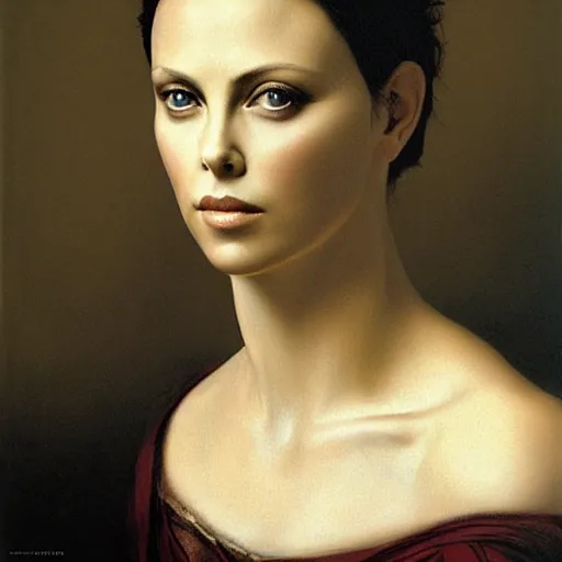 Image similar to a striking hyper real painting of charlize theron by da vinci.