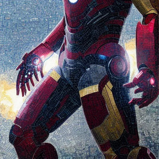 Prompt: mosaic portrait of iron man falling into the sky by greg rutkowski, 4k, intricate details, dichotomy