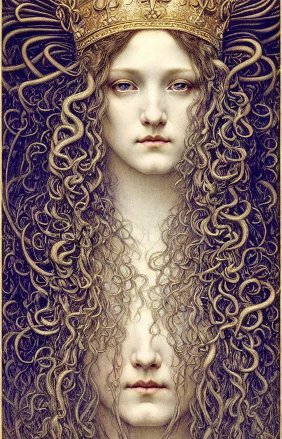 Image similar to detailed realistic beautiful young medieval queen face portrait by jean delville, gustave dore and marco mazzoni, art nouveau, symbolist, visionary, gothic, pre - raphaelite. horizontal symmetry