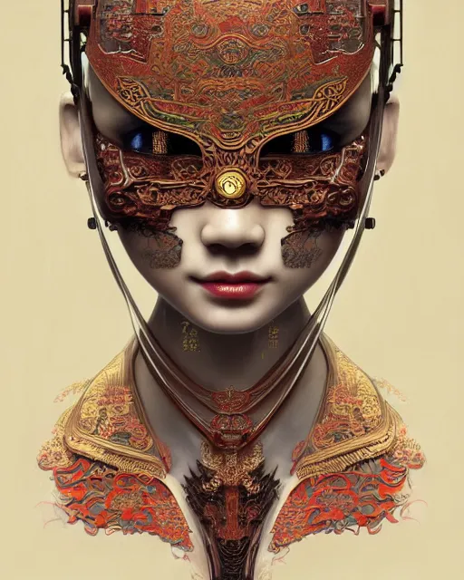 Image similar to portrait of a machine, machine face, upper half portrait, decorated with chinese opera motifs, asian, bian lian, traditional chinese art, intricate, elegant, highly detailed, symmetry, digital painting, artstation, concept art, smooth, sharp focus, illustration, art by artgerm and greg rutkowski and alphonse mucha, 8 k