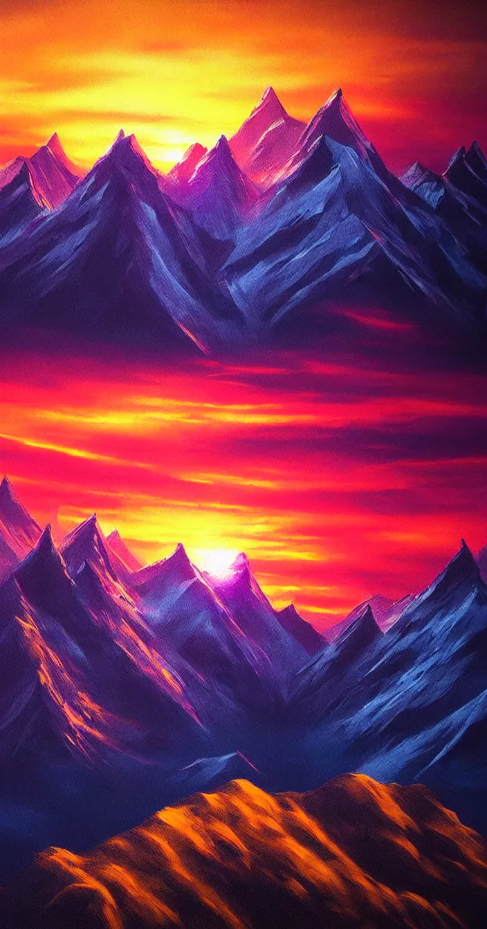 Prompt: realistic photo of colorful sunset on mountains, very sharp focus, dark background, in the style of greg rutswoski, very hyper realistic, highly detailed, fantasy art station