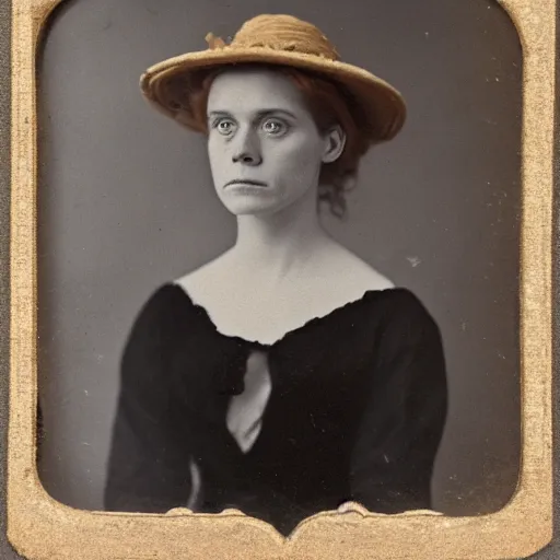 Prompt: a late 1 9 th century, 3 0 years old, austro - hungarian, sullen old maid ( redhead, tight bun, tight bun, straw hat decorated with too big flowers, looks a like amy adams mixed with anne - marie duff, but not pretty, as a strict school teacher ), daguerreotype by charles clifford