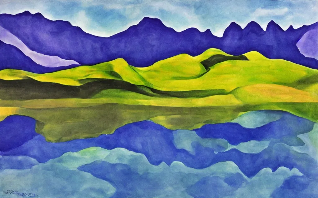 Image similar to the alps and reflection in a lake in the style of georgia o keeffe. colorful, wavy. painting. medium long shot. perspective. color palette of blue, yellow, purple, green.