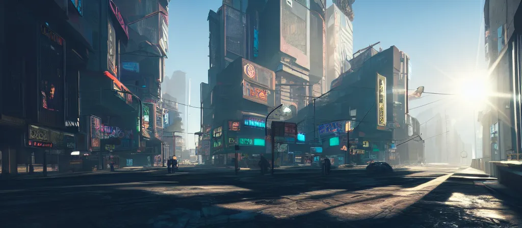 Prompt: photorealistic cyberpunk city streets, daylight. sunlight. lens flare. light fixtures. 8 k. detailed. photorealism. artstation. 2 5 mm f / 1. 7 asph lens. ultra realistic