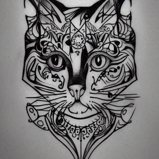 Prompt: tattoo sketch of a cat with one eye, on a canva, blackwork, ornamental, line art, vector,