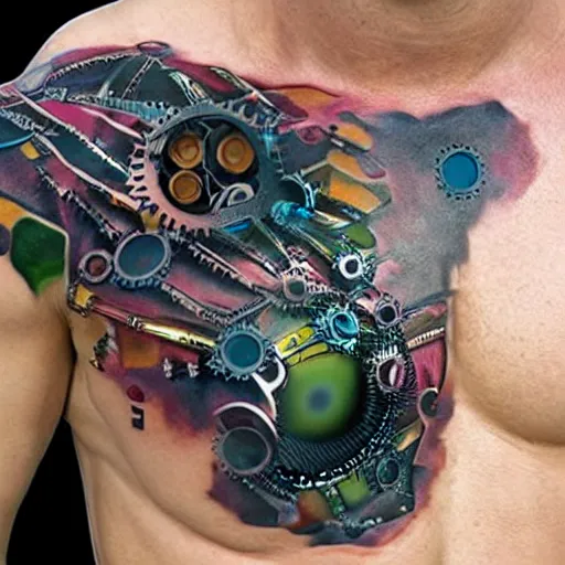 Prompt: chest tattoo of a 3 d hole in the skin with a shiny multicolored metallic gears and tubes robotic mechanics inside under the skin, insanely integrate,