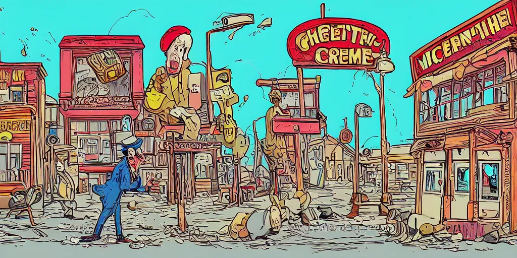 Prompt: man melting like an ice cream while waiting for a bus in a ghost town in the style of robert crumb, cartoon, illustration, high detail