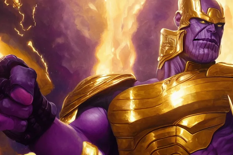 Image similar to Thanos wearing golden armor smirking while raising his fist in the air, trending on Artstation, highly detailed, HD wallpaper, 4k, photorealistic, digital art, art by artgerm and Greg Rutkowski and Alphonse Mucha
