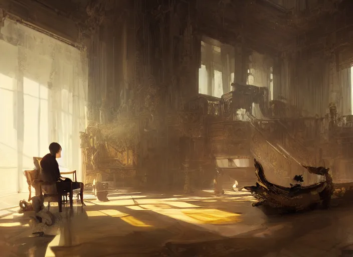 Image similar to the rich golden house and shadow of people lying around volumetric lighting, digital painting, highly detailed, artstation, sharp focus, illustration, concept art, ruan jia, steve mccurry, amazing composition