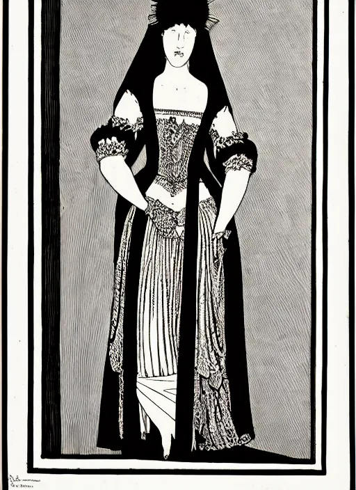 Image similar to portrait of young woman in renaissance dress and renaissance headdress, art by aubrey beardsley