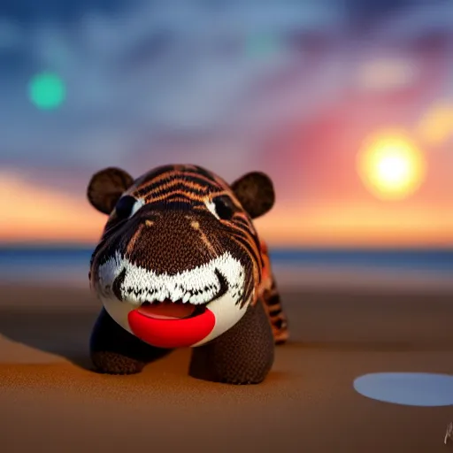 Image similar to a closeup photorealistic photograph of a cute smiling knitted tiger hippopotamus chasing a beachball during sunset. teeth exposed, surf in the background. professional capture. this 4 k hd image is trending on artstation, featured on behance, well - rendered, extra crisp, features intricate detail, epic composition and the style of unreal engine.