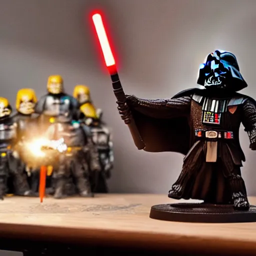 Image similar to large Darth Vader holding a paintbrush which diligently paints miniature figures of a space marine from Warhammer 40,000 at a table with a bright lamp, realism, depth of field, focus on darth vader,