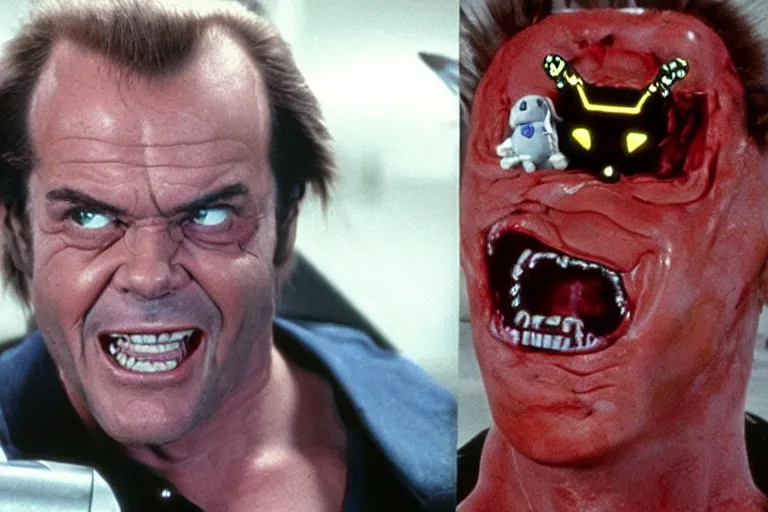 Prompt: Jack Nicholson plays Pikachu Terminator, Terminator's endoskeleton gets exposed and his eye glows red