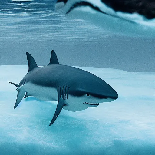 Image similar to shark inside peace of ice in the ocean cinematic detailed