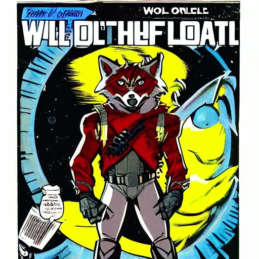 Image similar to 1 9 8 0 s comic book cover scan featuring a portrait of villain male wolf o'donnell anthropomorphic wolf furry fursona from starfox wearing a dark space mercenary uniform, dark grey wolf, handsome eyes, wolf o'donnell