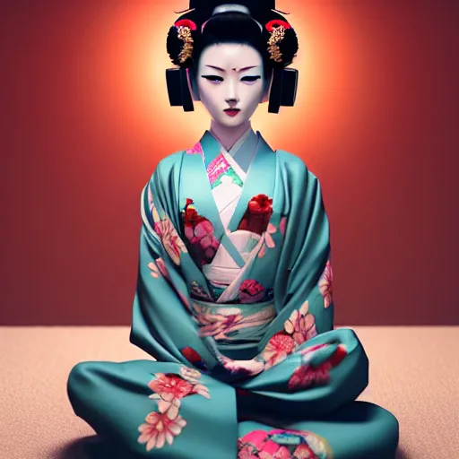 Image similar to an android geisha in a lotus position wearing a flowing kimono and tattoos, octane render, unreal engine, 8 k, cinematic, artwork by ilya kuvshinov