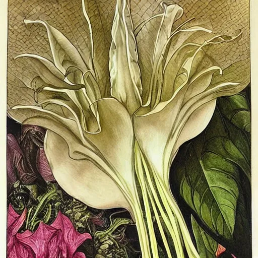 Image similar to close relationship between datura stramonium and men, mythical full of symbolism picture, hyper detailed, hyper realistic, warm colours, symbiosis