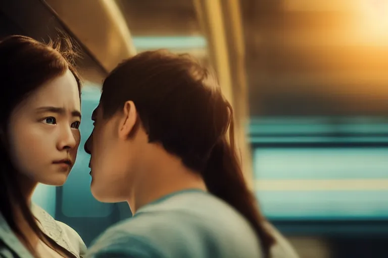 Prompt: vfx movie closeup couple in a train station flat color profile low - key lighting award winning photography cinematography, beautiful natural skin, atmospheric cool color - grade