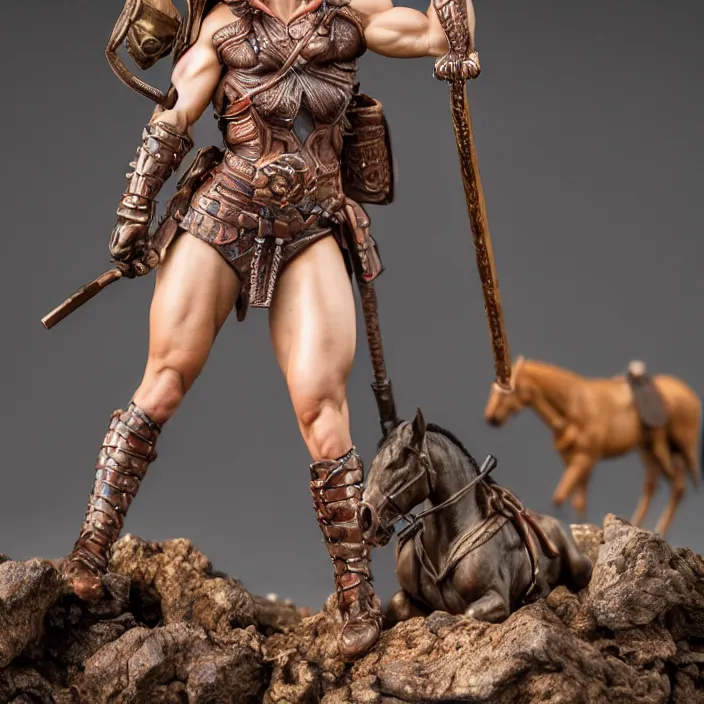 Image similar to 80mm resin detailed miniature of a Muscular Woman warrior with a Horse, Product Introduction Photos, 4K, Full body, simple background