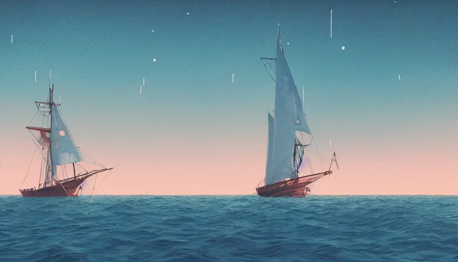 Prompt: a sailing ship in the sea by inio asano, beeple and james jean, aya takano color style, 4 k, super detailed, night sky, digital art, digital painting, celestial, majestic, colorful