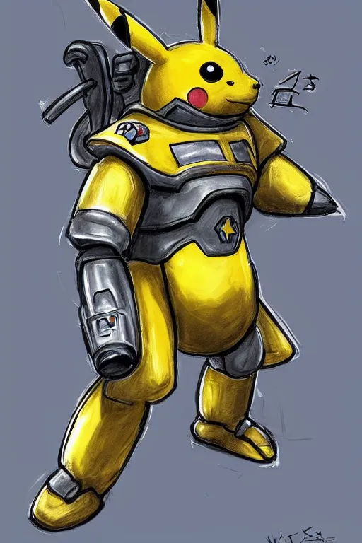 Image similar to portrait of pikachu in starcraft terran marine power armor, concept art by wayne reynolds