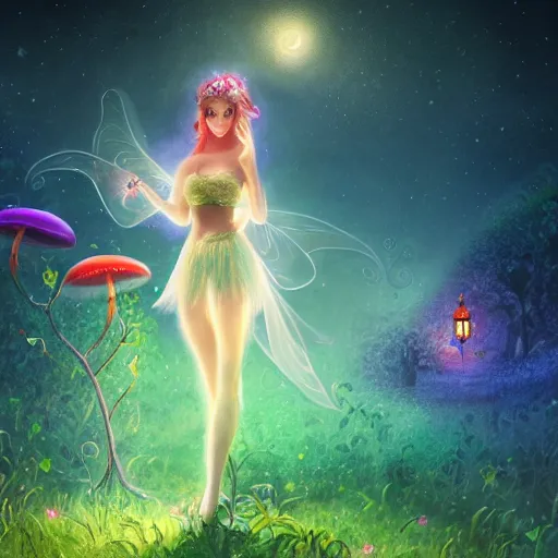 Image similar to attractive, fairy, woman, in the night, fantasy, crescent moon in background, luminous, toadstools, fireflies, fantasy, mist, highly detailed painting, fine lines, light rays, mid shot, 8 k realistic, sharp focus