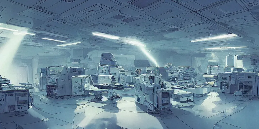 Prompt: spaceship medic room , mysterious laboratory, thick blue mist, low ceiling, cables hanging from ceiling, thick cables on ground, god rays of light, huge computer screens, neons, saturated top light , epic scene, scifi, illustration, art by Juan Giménez and moebius