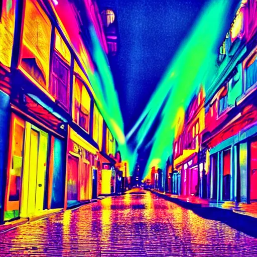Prompt: photo of street city, disco colors